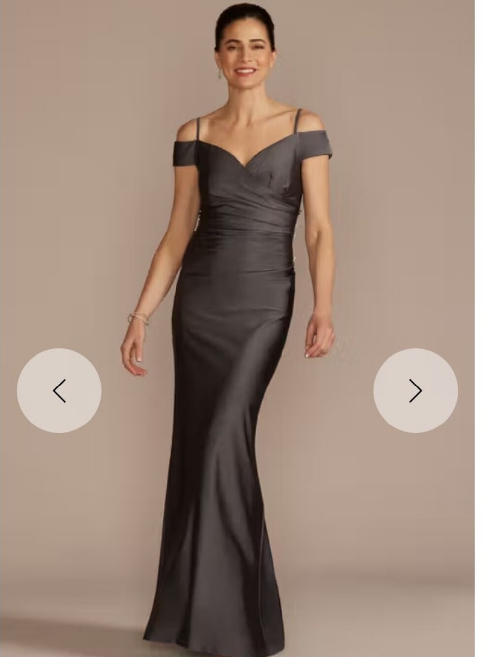 Off-Shoulder Satin Evening Gown in Charcoal Gray. David's Bridal. Stretch Satin
